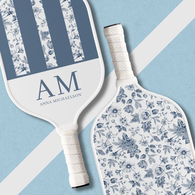 Raquette De Pickleball Chinoiserie Motif Floral Azulejo Monogramme bleu (Blue Stripes Monogrammed Personalized Chinoiserie Pickleball Paddle, Old Money Aesthetic Floral)