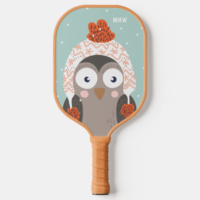 Raquette De Pickleball Chouette hivernale monogramme personnalisée (Recto)