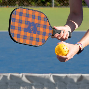 Raquette De Pickleball Citrouille orange bleu Tartan Plaid Monogramme