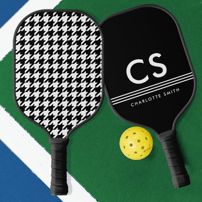 Raquette De Pickleball Classique Houndstooth Monogramme Noir & Blanc (Créateur téléchargé)