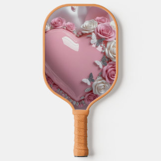 Raquette De Pickleball Cœur Rose Romantique Rose & Papillon Élégant