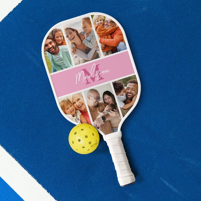 Raquette De Pickleball Collage de photos à monogramme rose (Créateur téléchargé)