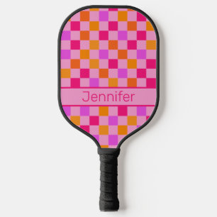 Raquette De Pickleball Coloré Retro esthétique Chèque Motif rose chaud