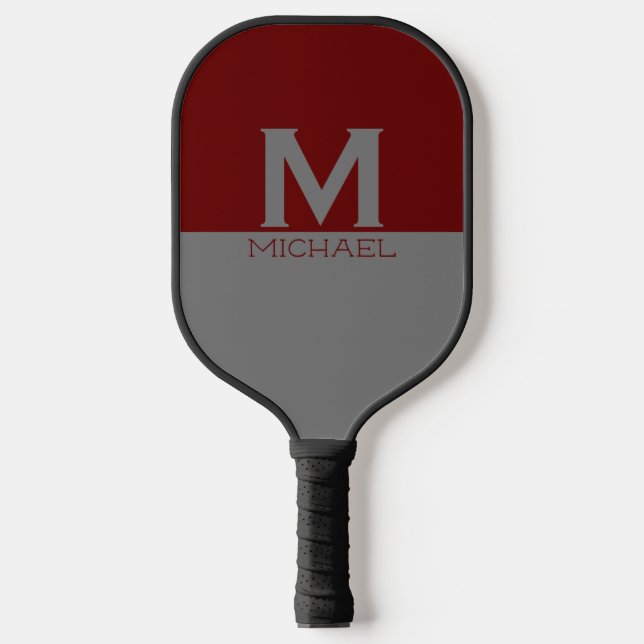 Raquette De Pickleball Conception monogrammée simple en gris & bordeaux (Recto)