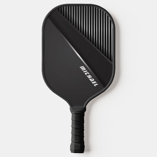 Raquette De Pickleball Cool Black Abstract Monogram Name (Verso)