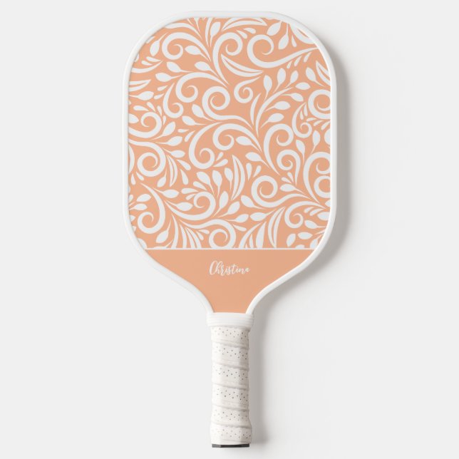 Raquette De Pickleball Cool Floral Élégant Pêche Monogramme Nom Chic (Recto)