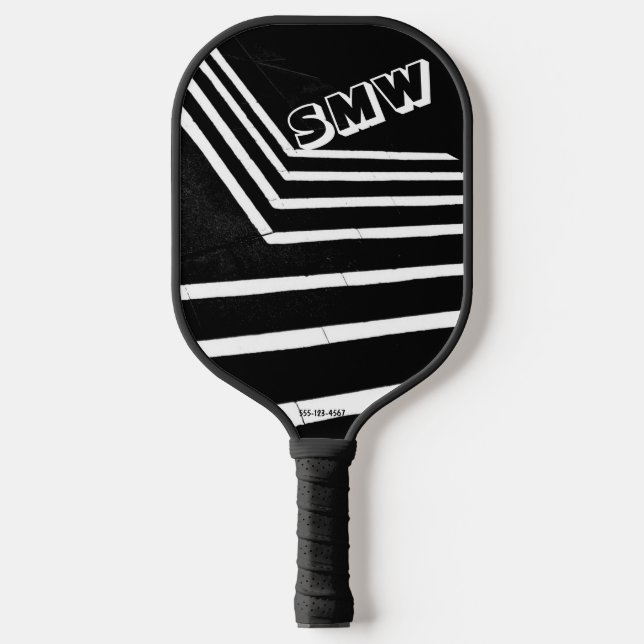 Raquette De Pickleball Cool Gras Noir, Lignes Blanches, Monogramme Person (Recto)