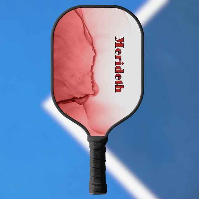 Raquette De Pickleball Cool Red and White Faux Alcohol Ink Pour Monogram (Créateur téléchargé)