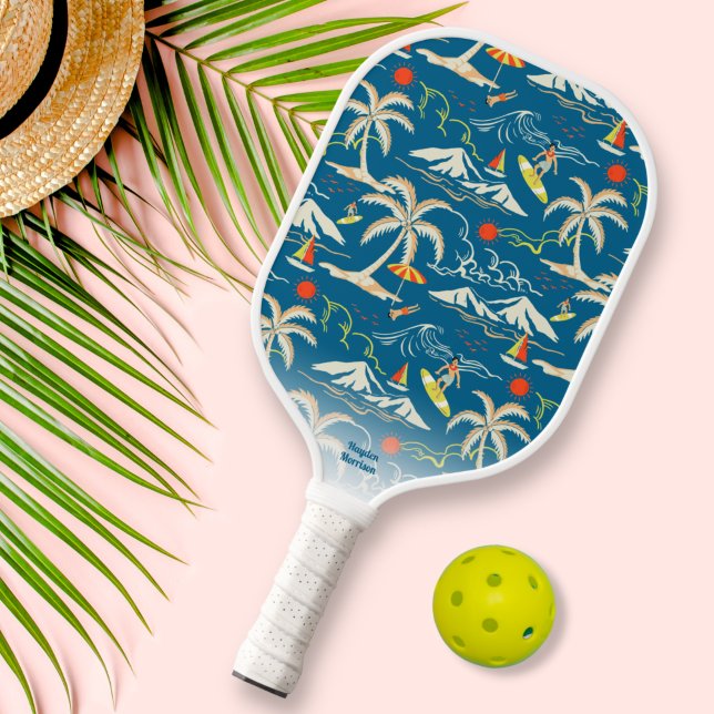 Raquette De Pickleball Cool Retro Tropical Hawaiian Surfer Texte Personna (Créateur téléchargé)