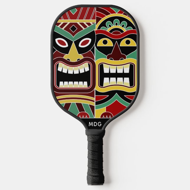 Raquette De Pickleball Cool Tiki Totem personnalisé monogramme (Recto)