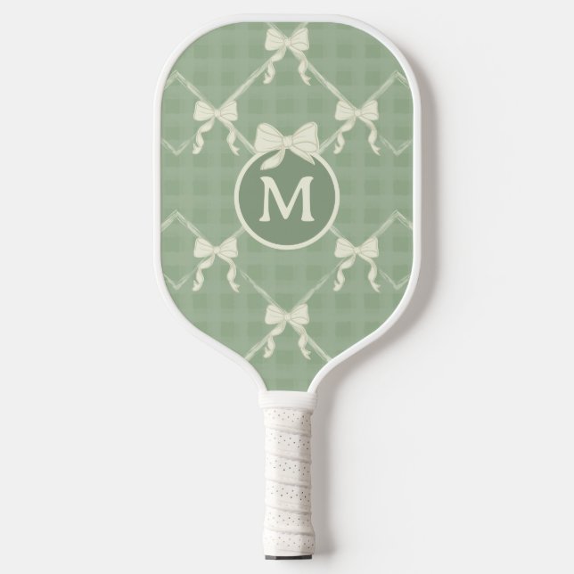 Raquette De Pickleball Coquette Bows Gingham Monogram Cream Sage Green  (Recto)