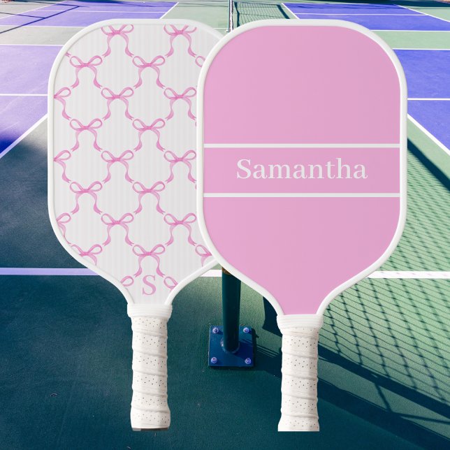 Raquette De Pickleball Coquette Pink Bows Custom Monogram Name Preppy (Créateur téléchargé)