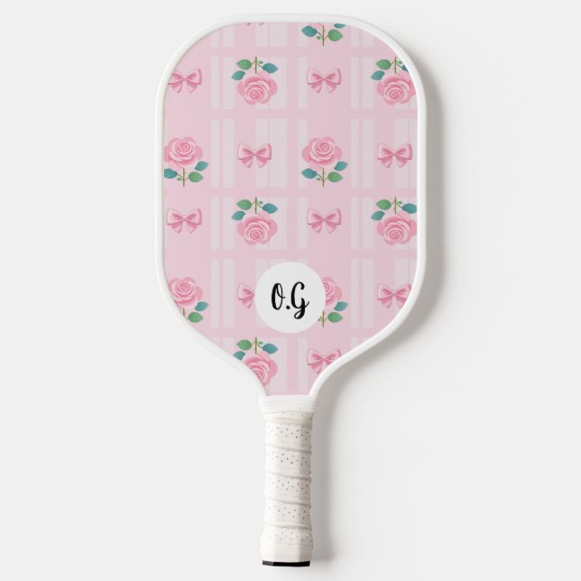 Raquette De Pickleball Coquette Preppy Plaid Ribbon et Rose (Verso)