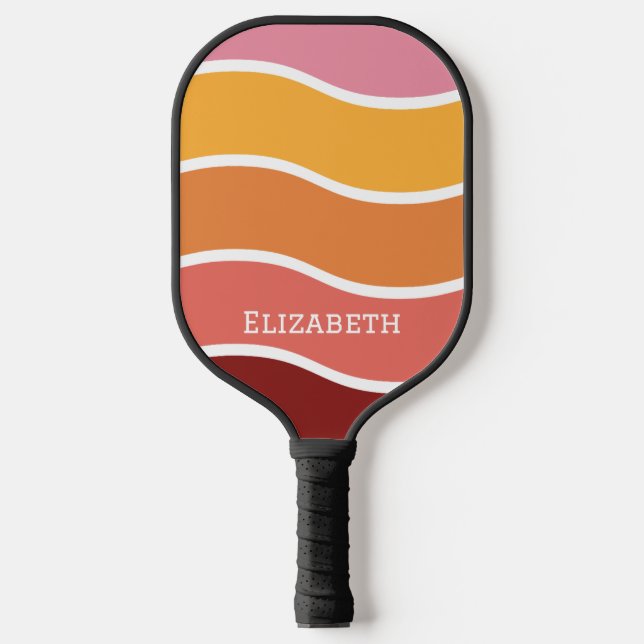 Raquette De Pickleball Coucher de soleil ondulé rétro avec nom (Recto)