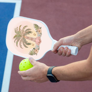 Raquette De Pickleball Coucher de soleil Palmier Aquarelle Monogramme ros