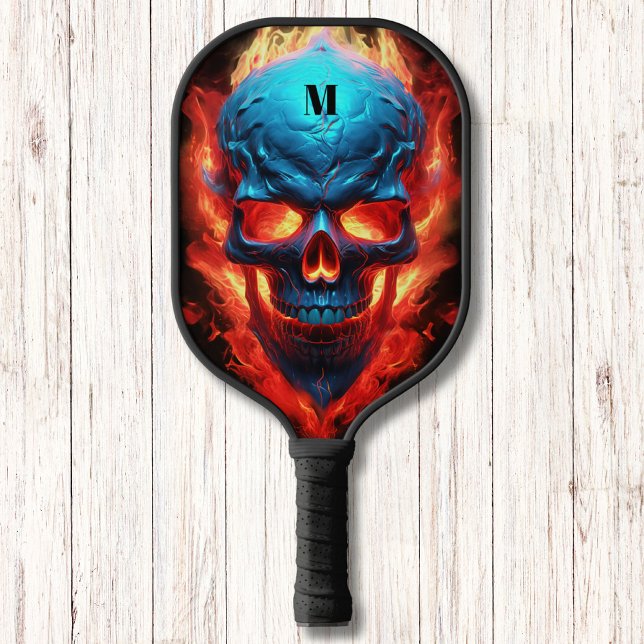 Raquette De Pickleball Crâne avec flammes Monogramme moderne (Créateur téléchargé)