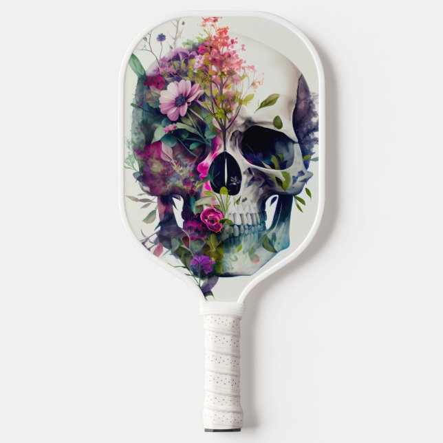 Raquette De Pickleball crâne avec fleurs, arrière - plan blanc (Recto)