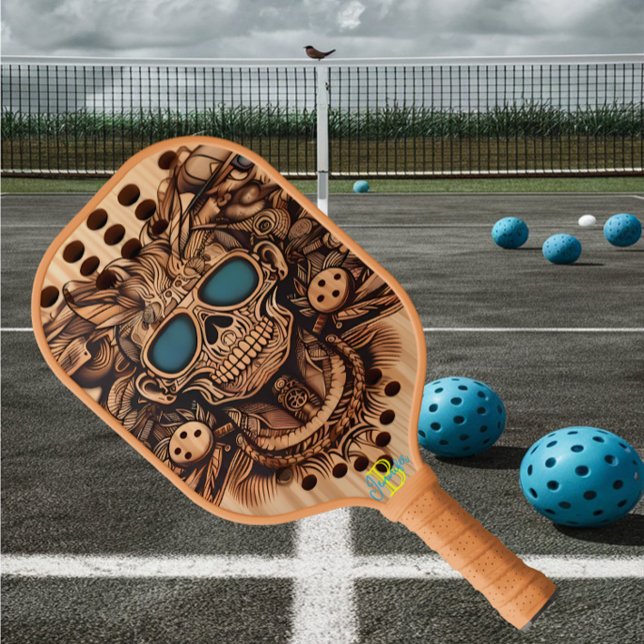 Raquette De Pickleball Crâne gravé et fleurs (Créateur téléchargé)