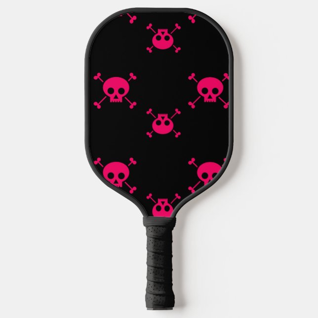 Raquette De Pickleball Crâne rose et os croisés sur noir (Recto)