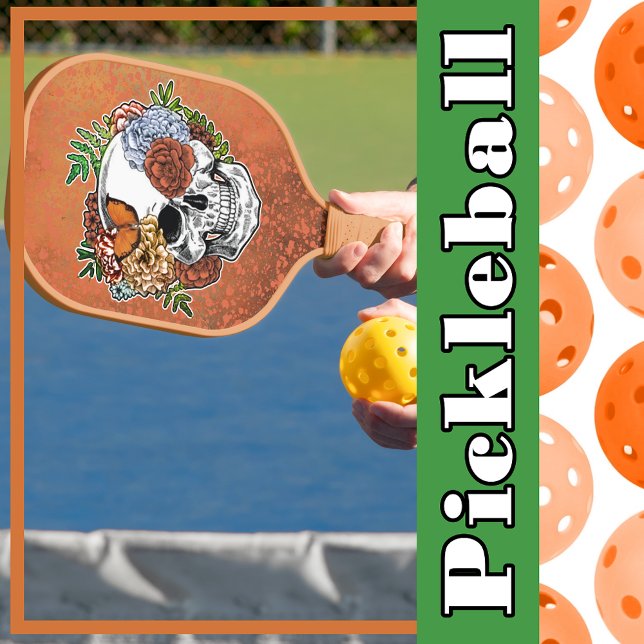 Raquette De Pickleball Crâne sucre Fleurs d'art Papillon Orange Grunge (Sugar Skull Art Flowers Butterfly Orange Grunge Pickleball Paddle
)