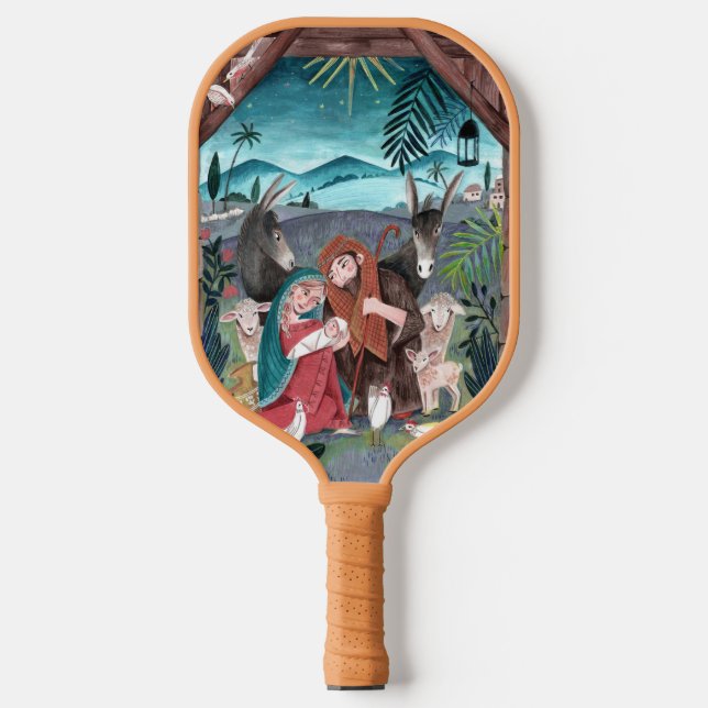 Raquette De Pickleball Crèche religieuse bleu, Marie et Jésus rouge (Recto)