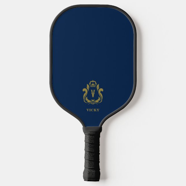 Raquette De Pickleball Crête dorée bleu foncé Monogramme V (Verso)