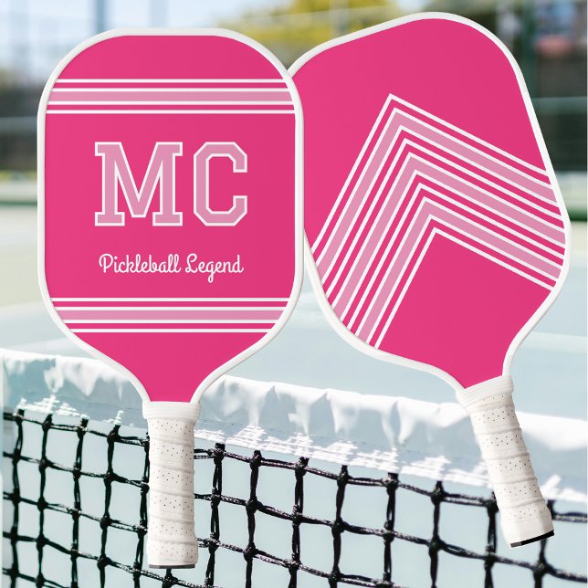 Raquette De Pickleball Custom Monogram Name Initials Retro Pink White (Créateur téléchargé)