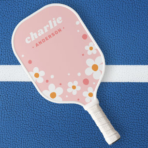 Raquette De Pickleball Cute fraise fleur nom de police rétro rose pâle