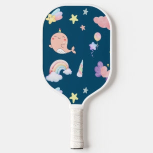 Raquette De Pickleball Cute Narwhal Fish Unicorn Arc en ciel fille Motif
