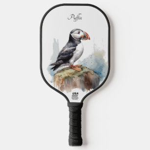 Raquette De Pickleball Cute Puffin sur une roche aquarelle