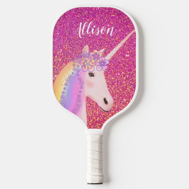 Raquette De Pickleball Cute Unicorn rose Parties scintillant personnalisé (Recto)