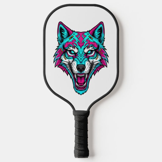 Raquette De Pickleball Cyberpunk Neon Wolf - Synthwave Robotic Animal (Recto)