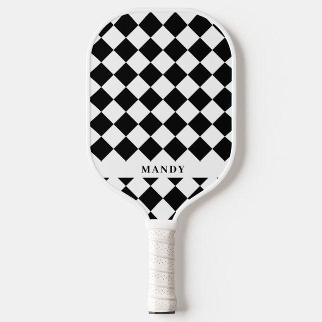 Raquette De Pickleball Damier diagonal noir et blanc dynamique Nom (Recto)