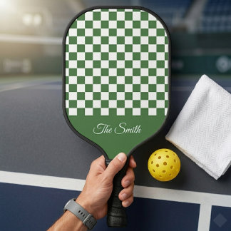 Raquette De Pickleball Damier Vert Nom de Famille Personnalisé