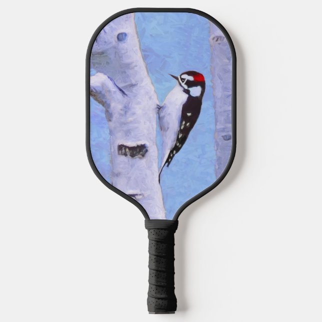 Raquette De Pickleball Downy Woodpecker Painting - Original Bird Art (Recto)