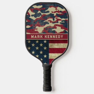 Raquette De Pickleball Drapeau patriotique rustique américain Nom du Moti