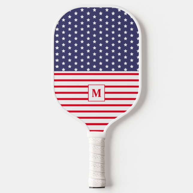 Raquette De Pickleball Drapeau rouge blanc et bleu américain monogramme (Recto)