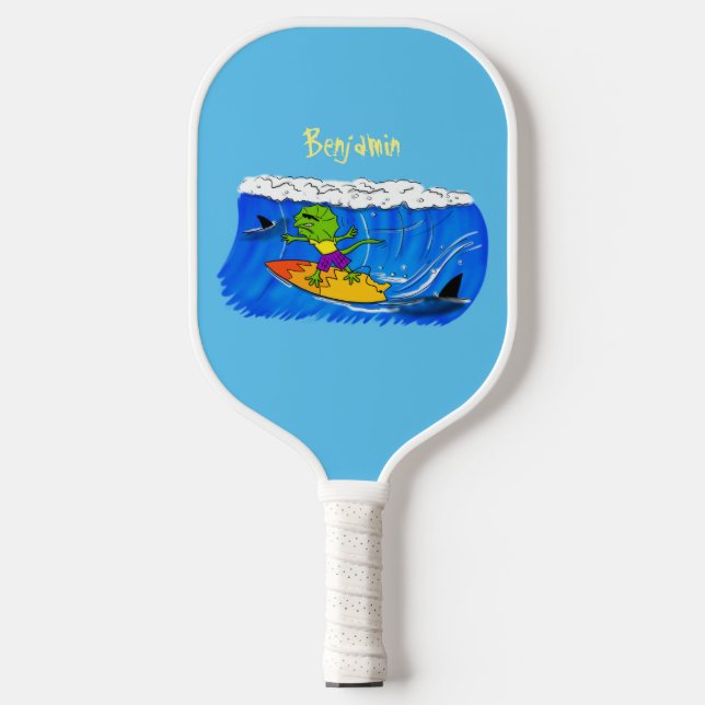 Raquette De Pickleball Drôle caricature de surf de lézard au cou (Recto)