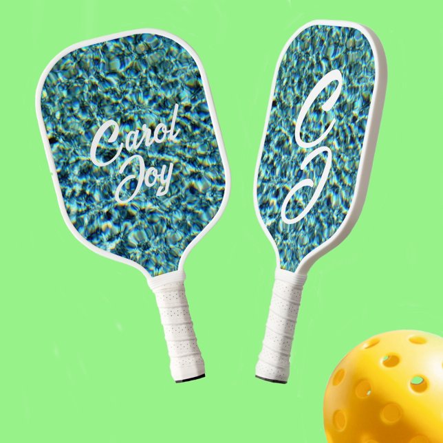 Raquette De Pickleball Eau bleue étincelante avec initiales et nom (Créateur téléchargé)