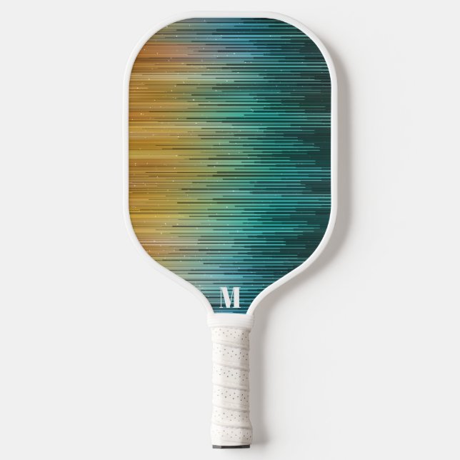Raquette De Pickleball Écran Techno Moderne Bleu Vert Jaune Monogramme (Recto)