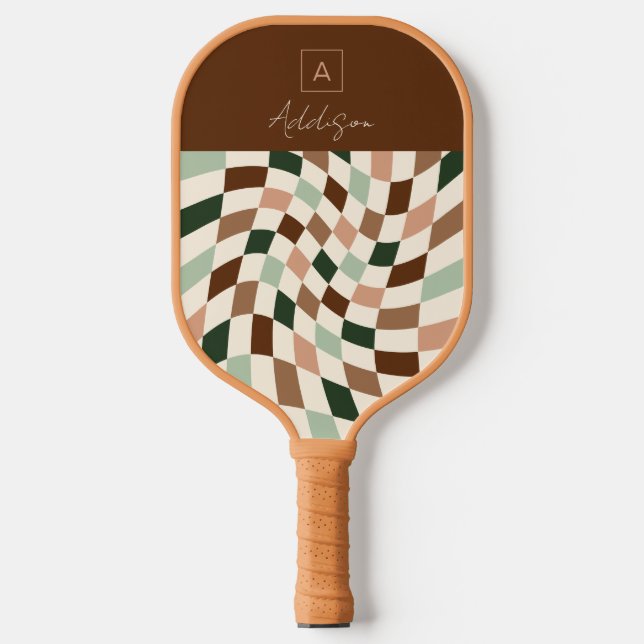 Raquette De Pickleball Élégant À damiers Monogramme personnalisé (Recto)