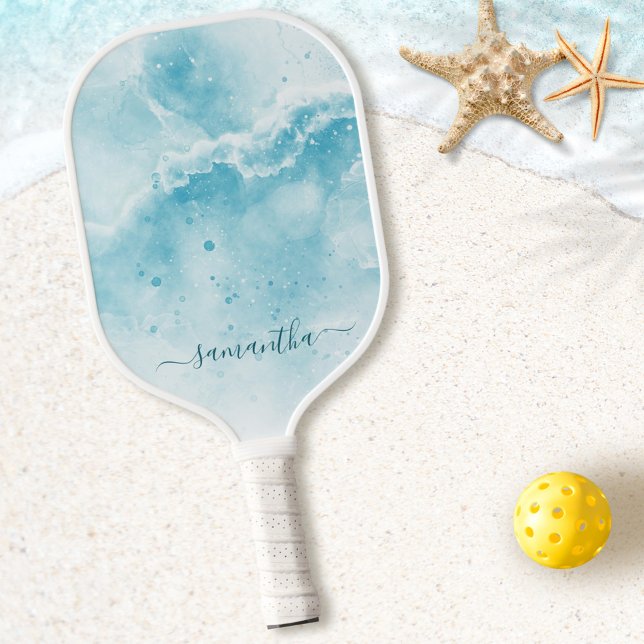 Raquette De Pickleball Elégant Aqua Blue Ocean Coastal Monogramme (Créateur téléchargé)