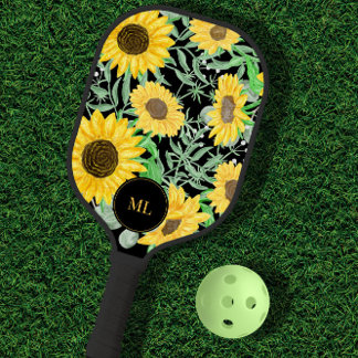 Raquette De Pickleball Élégant aquarelle tournesol Monogramme