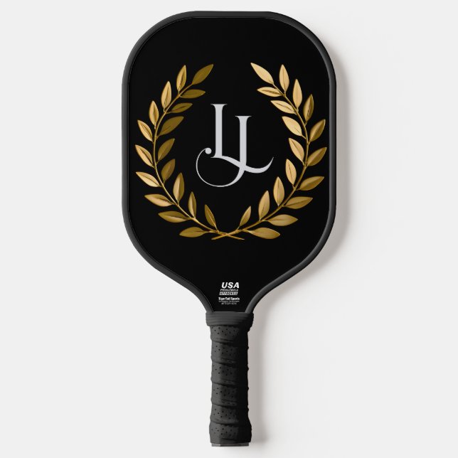 Raquette De Pickleball Elegant Black & Gold Laurel Monogram Pickleball Pa (Recto)