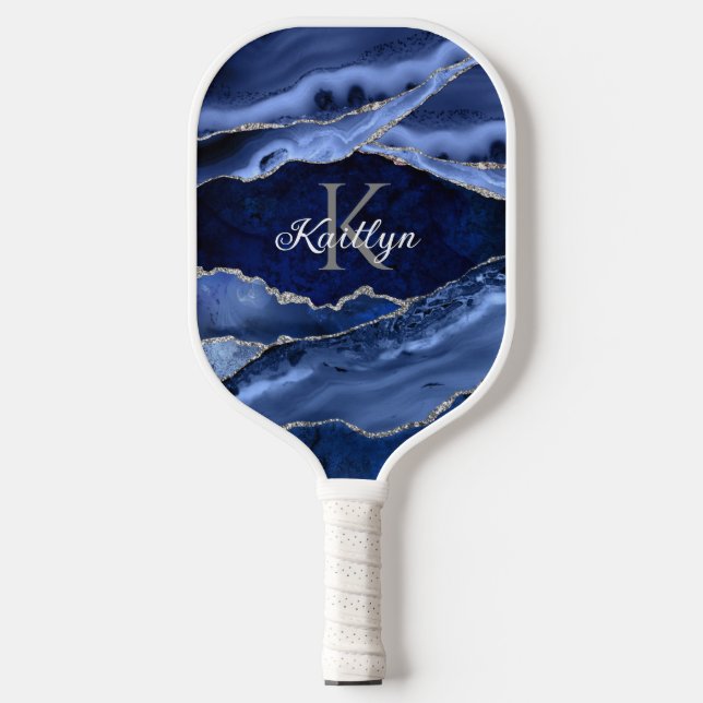 Raquette De Pickleball Élégant Bleu Agate Argent Parties scintillant Mono (Recto)