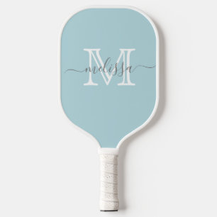 Raquette De Pickleball Élégant bleu doux Nom minimal et monogramme