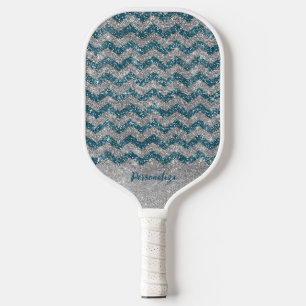 Raquette De Pickleball Élégant Chevrons Zig Zag Pailletés Bleu Argent