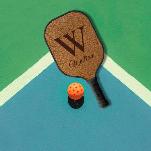 Raquette De Pickleball Élégant Faux en cuir Brown Monogramme initial