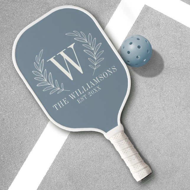Raquette De Pickleball Elegant Monogram Dusty Blue Family Name (A classy dusty blue and white monogram pickelball paddle. Personalize it with your family name.)