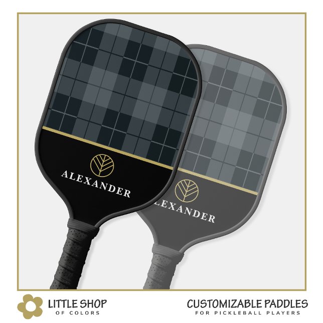 Raquette De Pickleball Élégant monogramme à carreaux tartan gris noir (Créateur téléchargé)